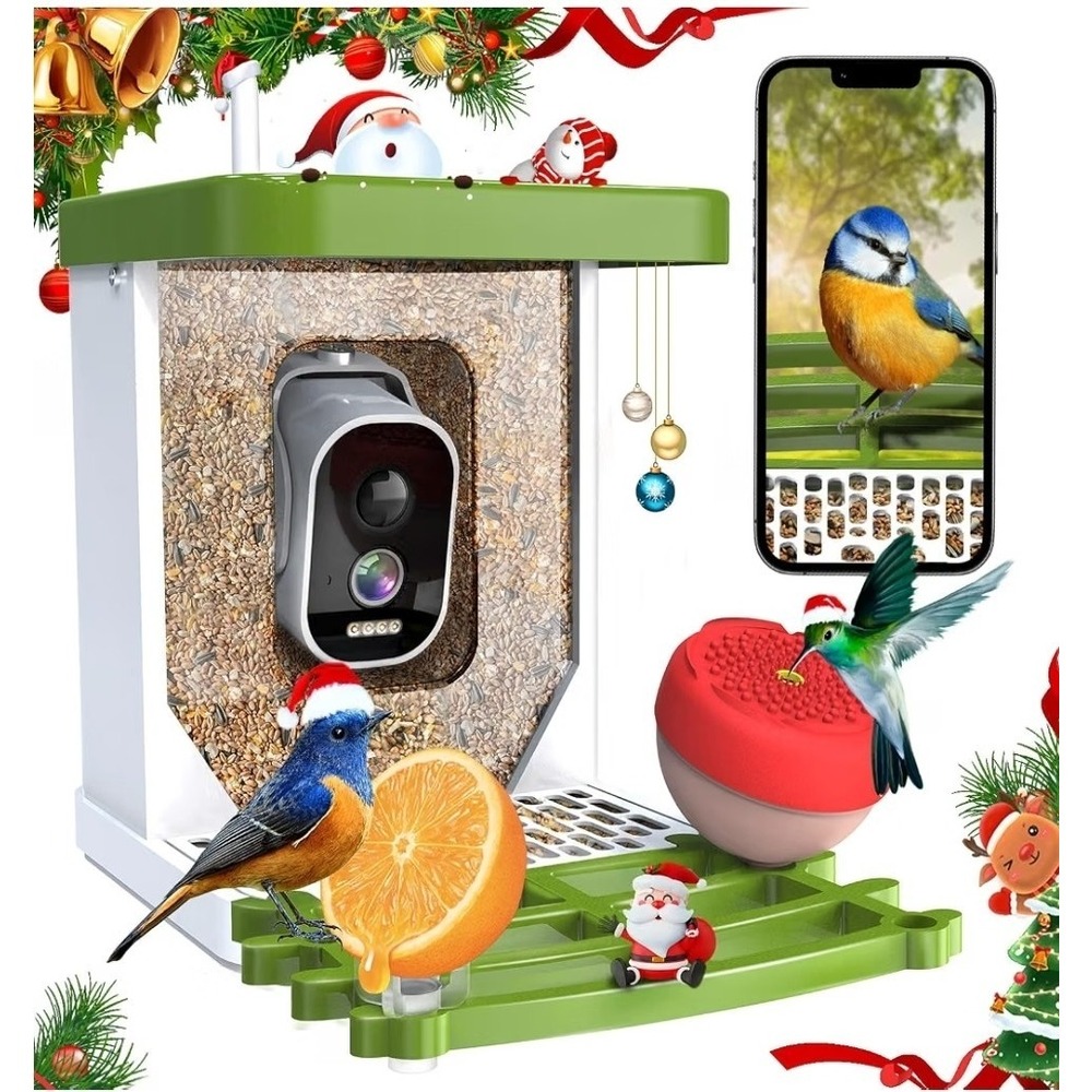 2K Smart Bird Feeder Camera, Solar, AI Bird ID, WiFi, Green